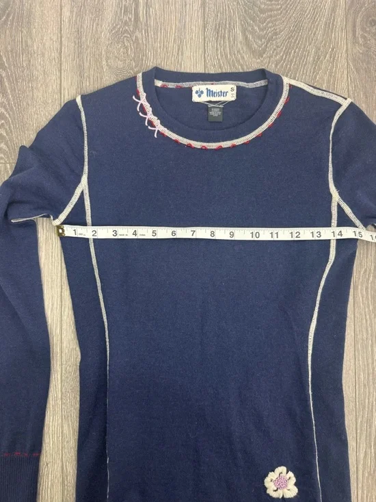 Meister Merino Wool Navy Blue White Trim Vintage Sweater Size Small - Picture 10 of 12